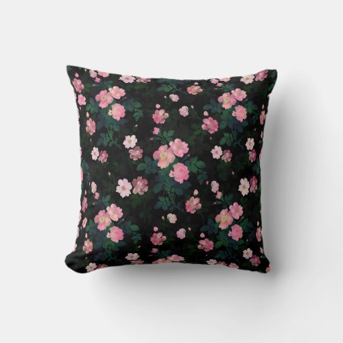 Romantic Black Pink Roses Floral Painting Throw Pillow