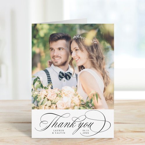 Romantic Black Script Wedding Photo Folded Thank You Card