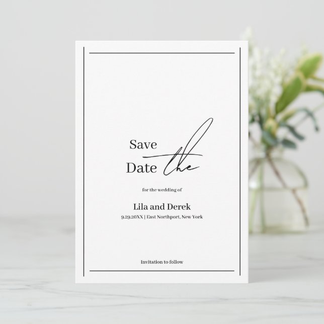 Romantic Black White Border Frame Script  Save The Date (Standing Front)