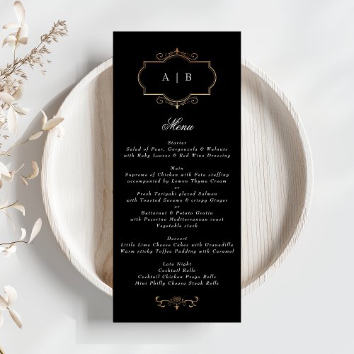 romantic black white classic gold monogram wedding menu