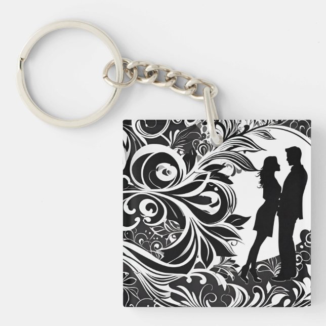 Romantic Black & White Floral Silhouette Couple Keychain (Front)