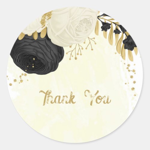 Romantic black  white flowers gold classic round sticker