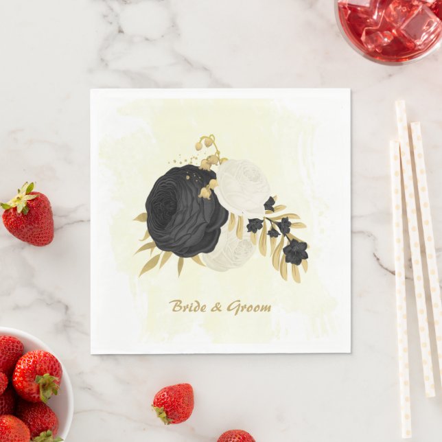 Romantic black & white flowers gold napkins (Insitu)