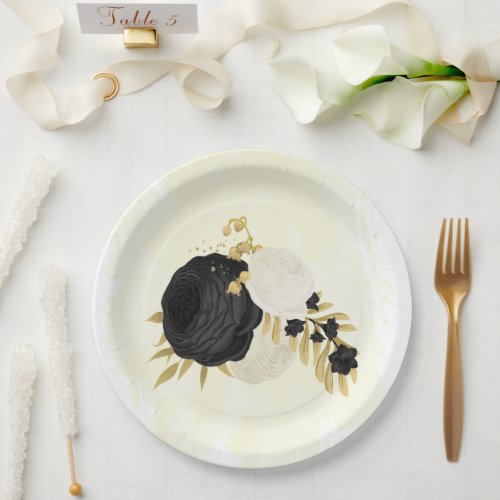 Romantic black  white flowers gold  paper plates