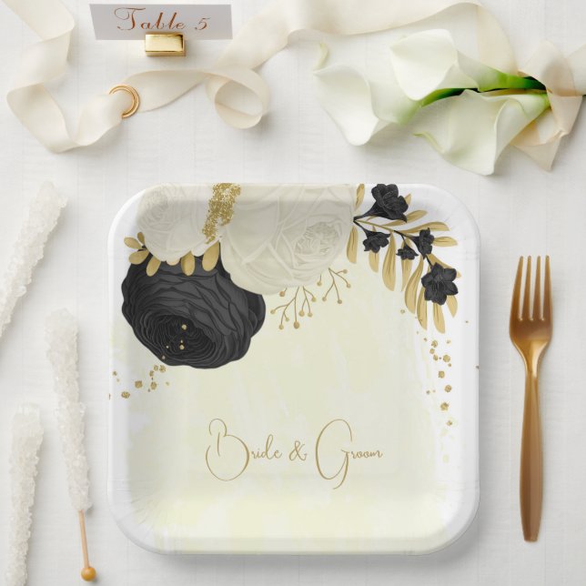 Romantic black & white flowers gold paper plates (Wedding)