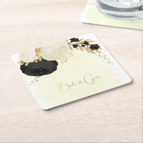 Romantic black  white flowers gold square paper coaster