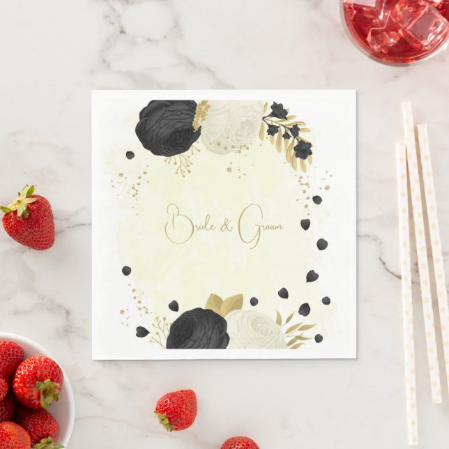 Romantic black & white flowers gold wedding napkins (Insitu)