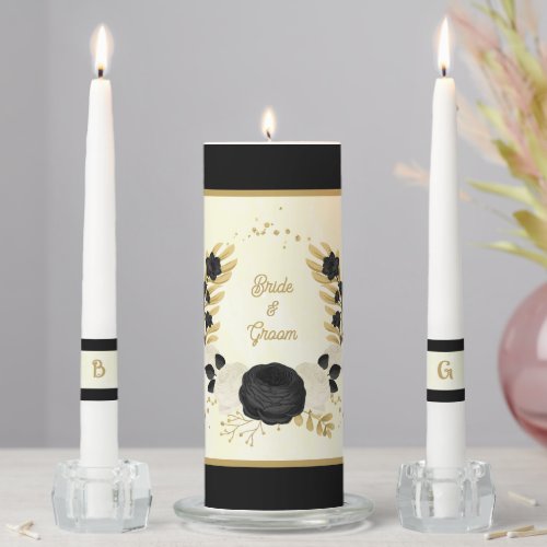 Romantic black  white flowers gold wedding unity candle set