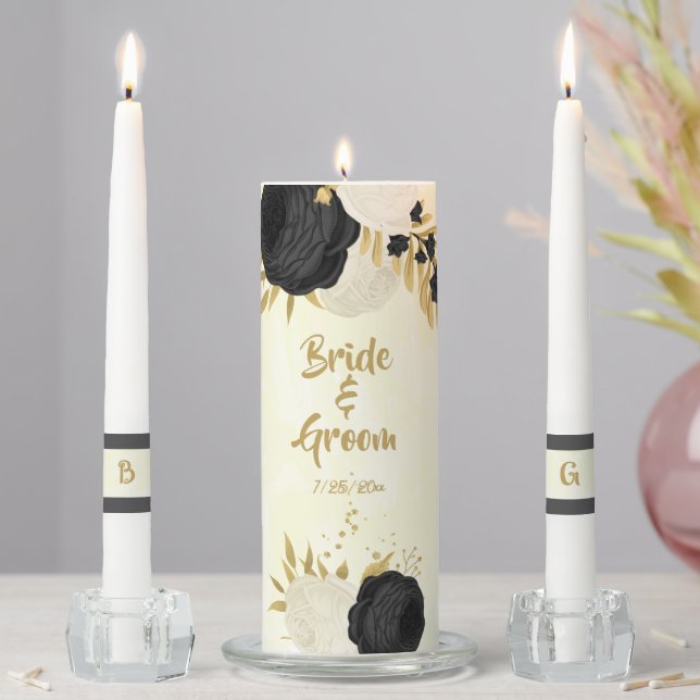 Romantic black & white flowers gold wedding unity candle set (In Situ)