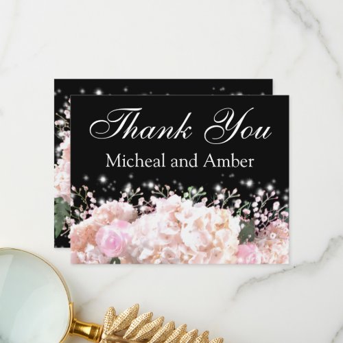 Romantic black  white lace hydrangeas pink roses  thank you card
