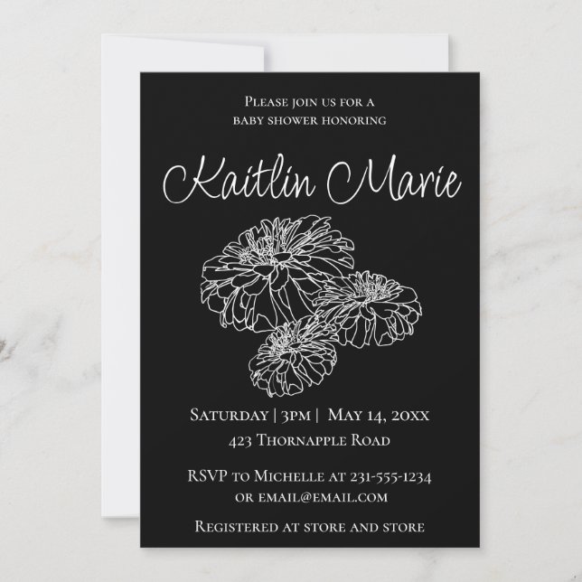 Romantic black white modern minimalist floral baby invitation (Front)