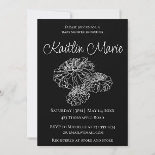 Romantic black white modern minimalist floral baby invitation
