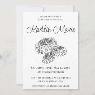 Romantic black white modern minimalist floral baby invitation