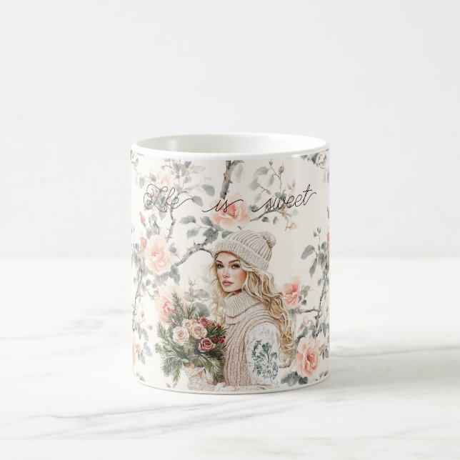 Romantic Blond Hair Lady Peach Roses Floral Coffee Mug (Center)
