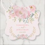 Romantic Bloom Soft Pink Gold Floral Peony Wedding Favor Tags<br><div class="desc">This gorgeous design features soft blush pink watercolor peonies and lush gold & green leaves complimented with elegant lettering. Use the template fields to add your details. Please click the "Customize Further" button to re-arrange elements if required.</div>