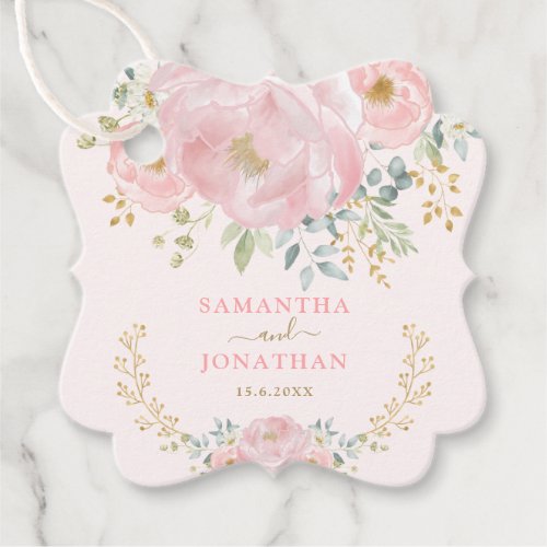 Romantic Bloom Soft Pink Gold Floral Peony Wedding Favor Tags