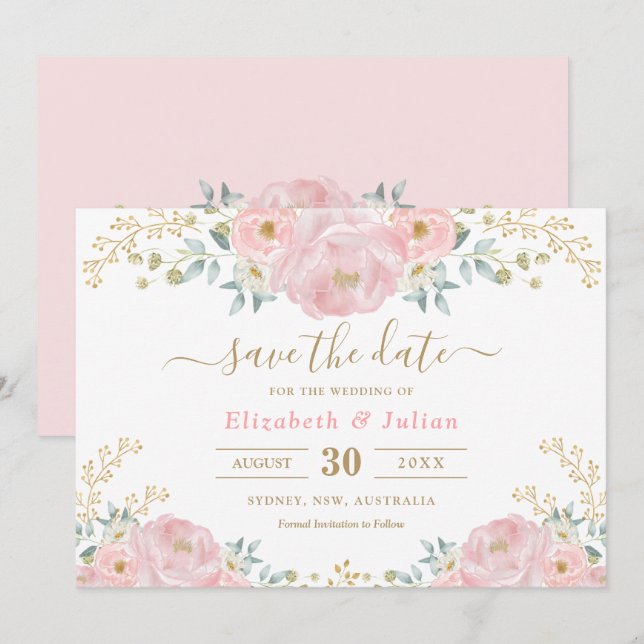 Romantic Bloom Soft Pink Gold Floral Save the Date Invitation (Front/Back)