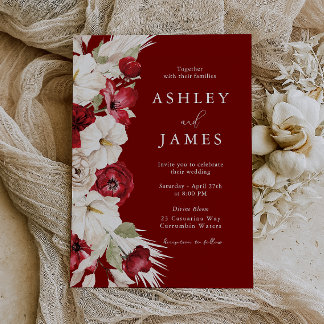 Romantic Bloom: White & Red Floral Modern Wedding Invitation