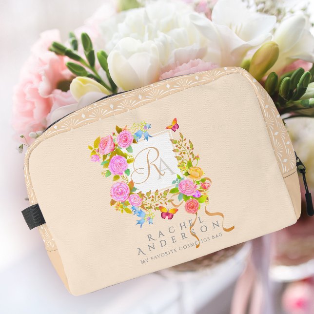 Romantic Blooming Garden Monogram Beige Dopp Kit (Lovely elegant romantics blooming garden monogram design.)