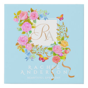 Romantic Blooming Garden Monogram Blue  Faux Canvas Print