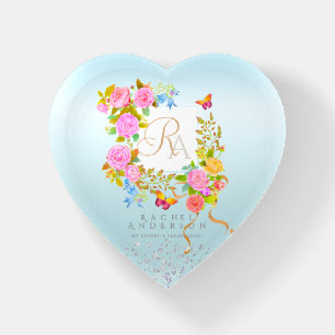 Romantic Blooming Garden Monogram Blue Paperweight