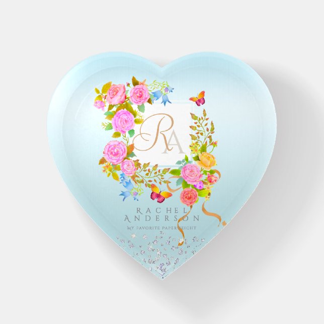 Romantic Blooming Garden Monogram Blue Paperweight (Front)