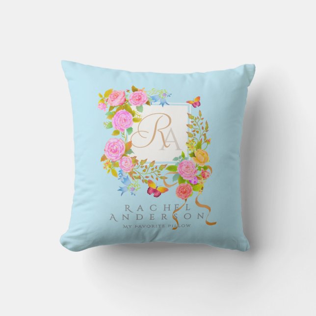 Romantic Blooming Garden Monogram Blue Throw Pillow (Front)