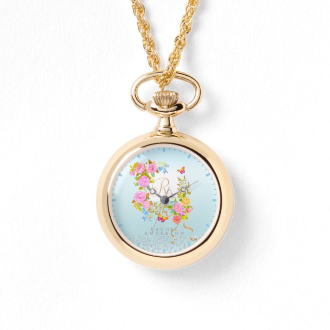 Romantic Blooming Garden Monogram Blue Watch (Front)