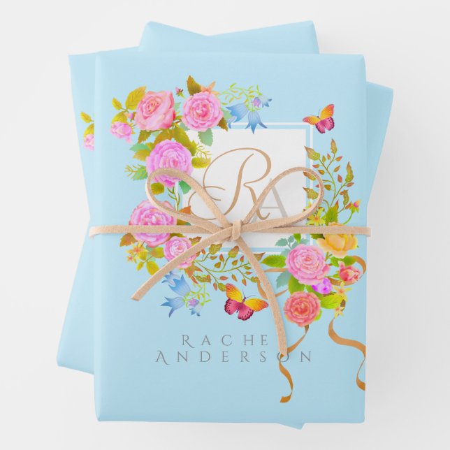 Romantic Blooming Garden Monogram Blue  Wrapping Paper Sheets (In situ)