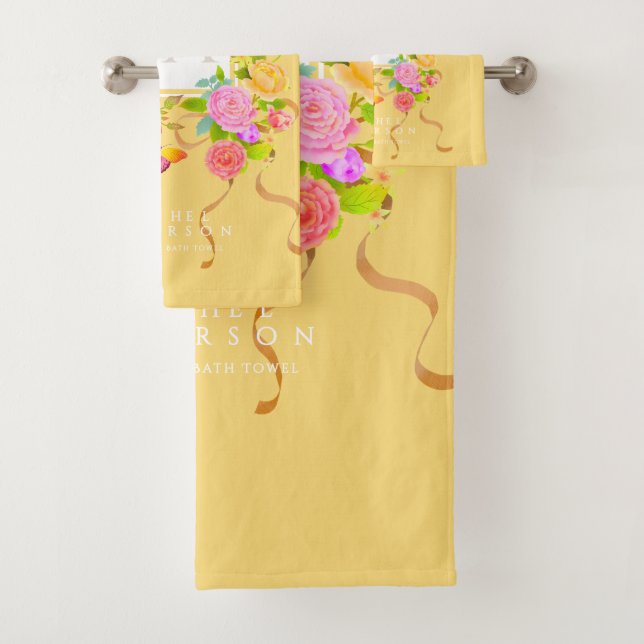 Romantic Blooming Garden Monogram Gold Yellow Bath Towel Set (Insitu)