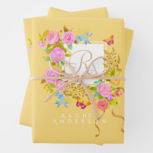 Romantic Blooming Garden Monogram Gold Yellow Wrapping Paper Sheets