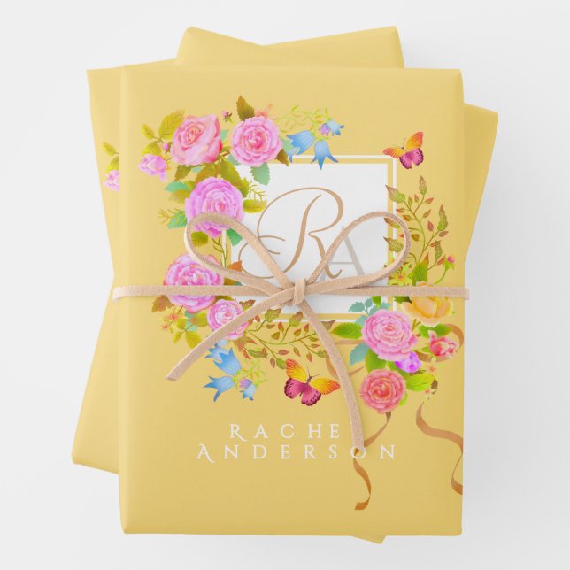 Romantic Blooming Garden Monogram Gold Yellow Wrapping Paper Sheets (In situ)