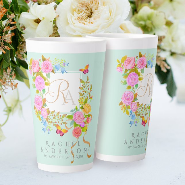 Romantic  Blooming Garden Monogram Green Latte Mug (Elegant romantic flowers monogram design.)