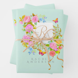 Romantic Blooming Garden Monogram Green Wrapping Paper Sheets