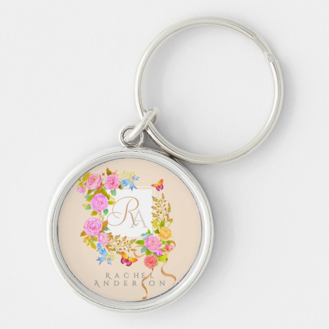 Romantic Blooming Garden Monogram  Keychain (Front)