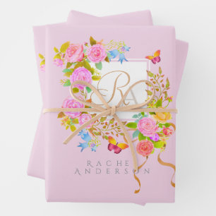Romantic Blooming Garden Monogram Pink Wrapping Paper Sheets