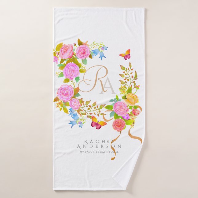 Romantic Blooming Garden Monogram White Bath Towel Set (Bath Towel)