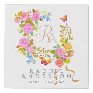 Romantic Blooming Garden Monogram White Faux Canvas Print