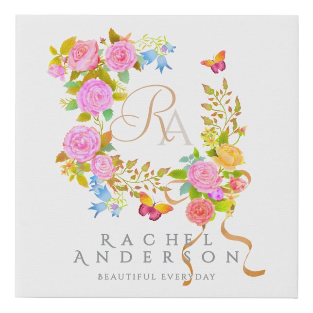 Romantic Blooming Garden Monogram White Faux Canvas Print (Front)