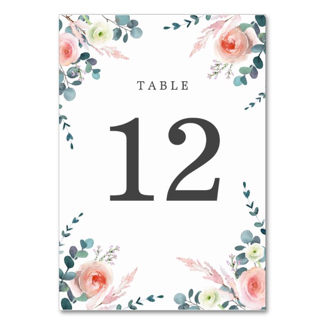 Romantic Blossoms Blush Pink and White Floral Table Number (Front)