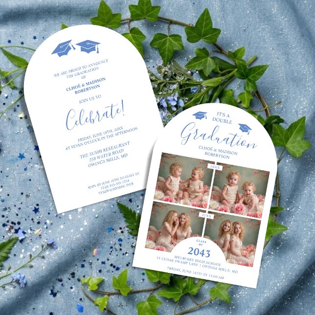 Romantic Blue 4-Photo Double Twins Grads TMF26 Invitation (Romantic Blue 4-Photo Double Twins Graduation Then & Now Whimsical Modern Calligraphy Invitation.)
