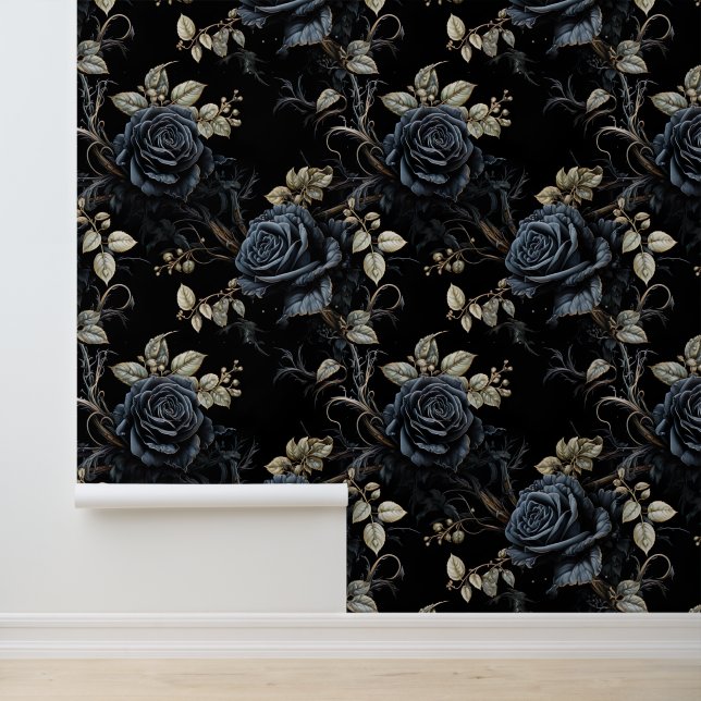 Romantic Blue and Black Floral Gothic Wallpaper (Application)