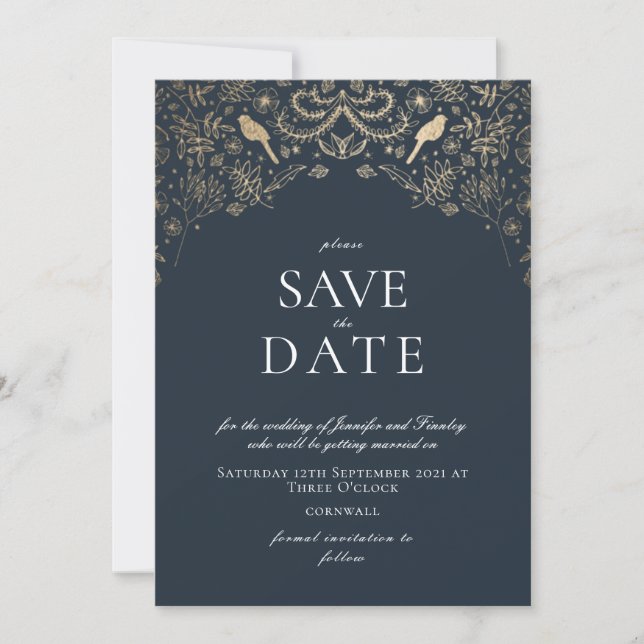 Romantic blue and Gold Secret Garden Invitation (Front)