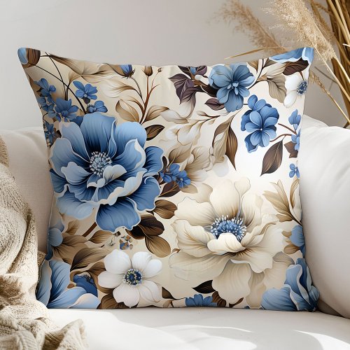 Romantic Blue and Ivory Floral Home Decor Pillow