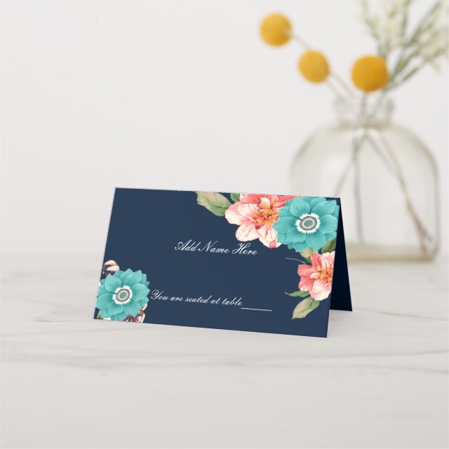 Romantic Blue And Pink Floral Botanical Table Place Card (Front)