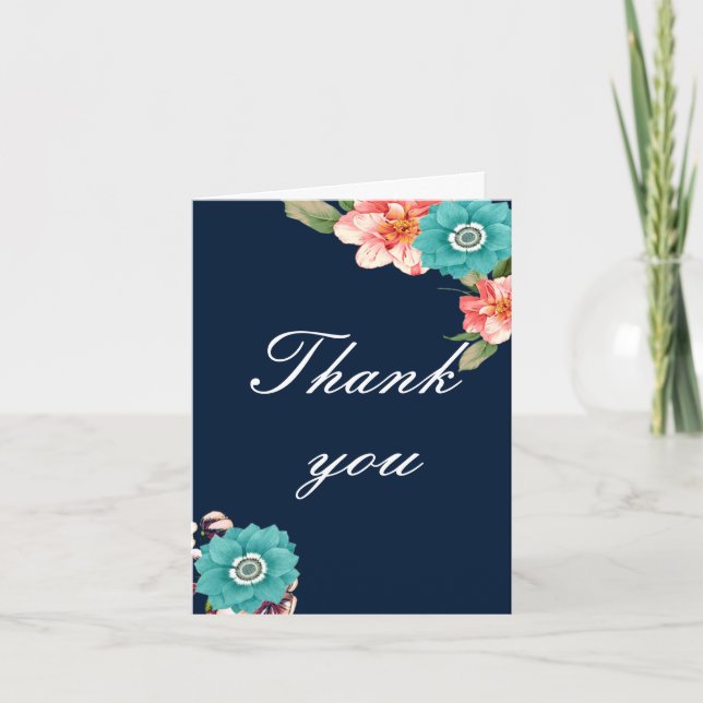 Romantic Blue And Pink Floral Botanical Thank You Card (Front)