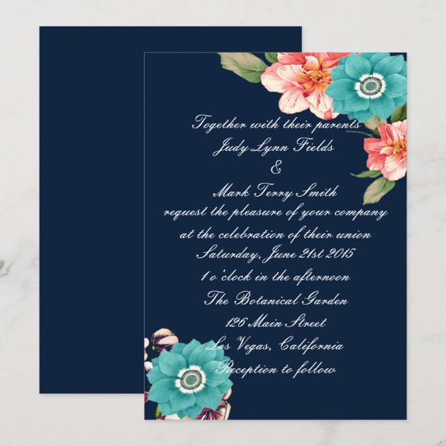 Romantic Blue And Pink Floral Botanical Wedding Invitation (Front/Back)