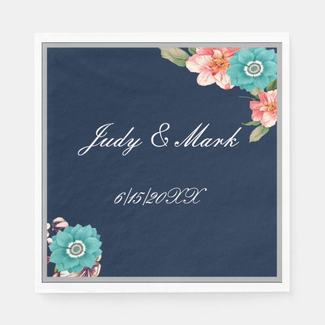 Romantic Blue And Pink Floral Botanical Wedding Napkins (Front)