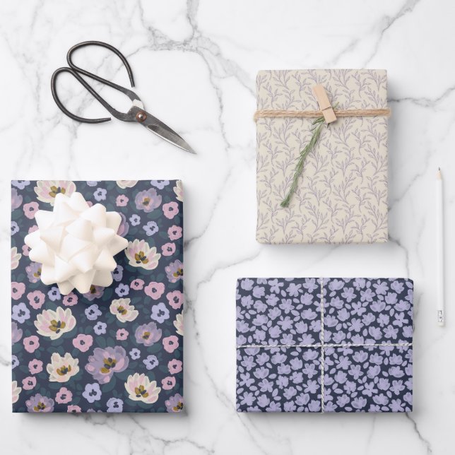 Romantic blue and purple floral wedding shower wrapping paper sheets (Front)