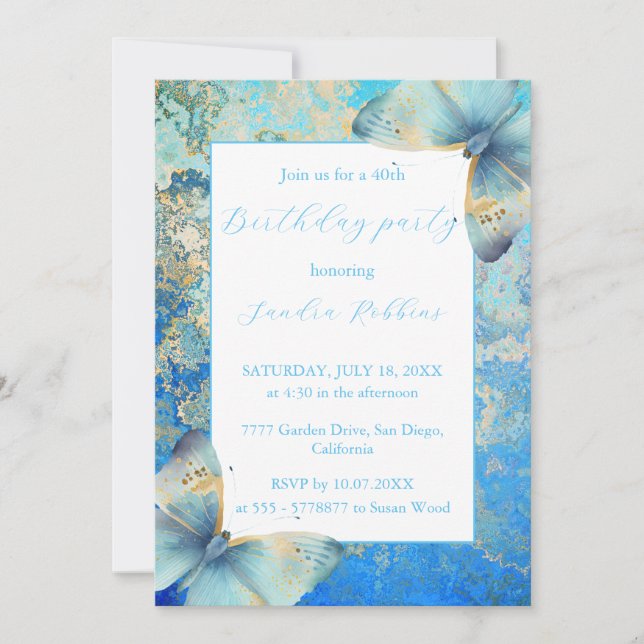 Romantic blue and white butterflies Birthday Invitation (Front)